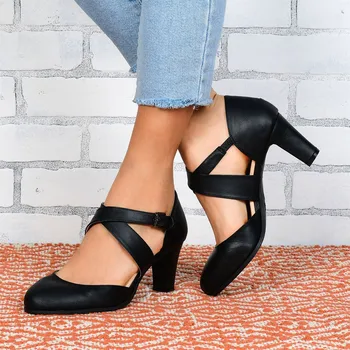 

Eillysevens New 2019 Womens Pumps Fashion Casual Square Heels Pumps High Heels Buckle Strap Leather Black Shoes scarpe donna