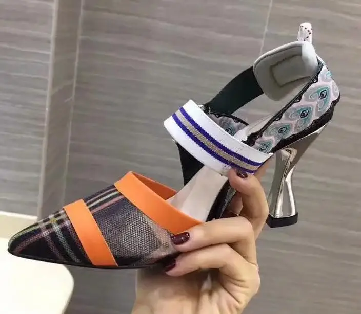 

Summer Fashion Runway Shoes Mesh Patchwork Design Sandals Women Pointed Toe Elastic Band Sexy Slingback High Heel Shoes Woman