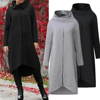 

Fashion Plus Size Women Sweatshirt Dress Long Sleeve Stand Collar Zip Decor Warm Hoodie Sweatshirt Midi Dress
