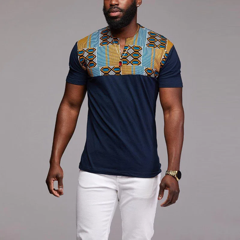 Patchwork Лоскутная кэнте футболка с коротким рукавом для мужчин s Африканский принт Топы поточное производство футболки рубашка V вырез одежда для мужчин черный плюс размер