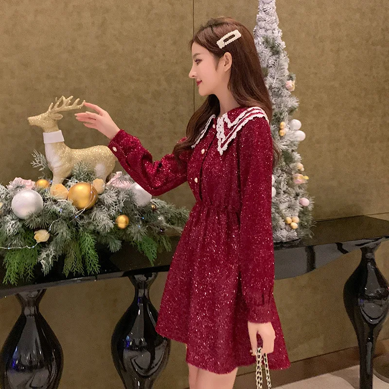 

2020 Spring Clothing New Style South Korea Sweet Red Fragrant Wind Liangsi Peter Pan Collar Waist Hugging Mid-length Dress Women