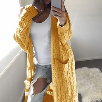 

Autumn Winter Lady Long Sweater Street Wear Causal Loose Long Sleeve Pockets Long Cardigan Basic Outerwear Sweater Fashion