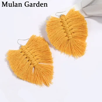 

M&G Boho New Fashion Brown Cotton String Macrame Earrings Cotton Weaving Leaf Tassel Earring Girl Accessories Party Jewelry Gift