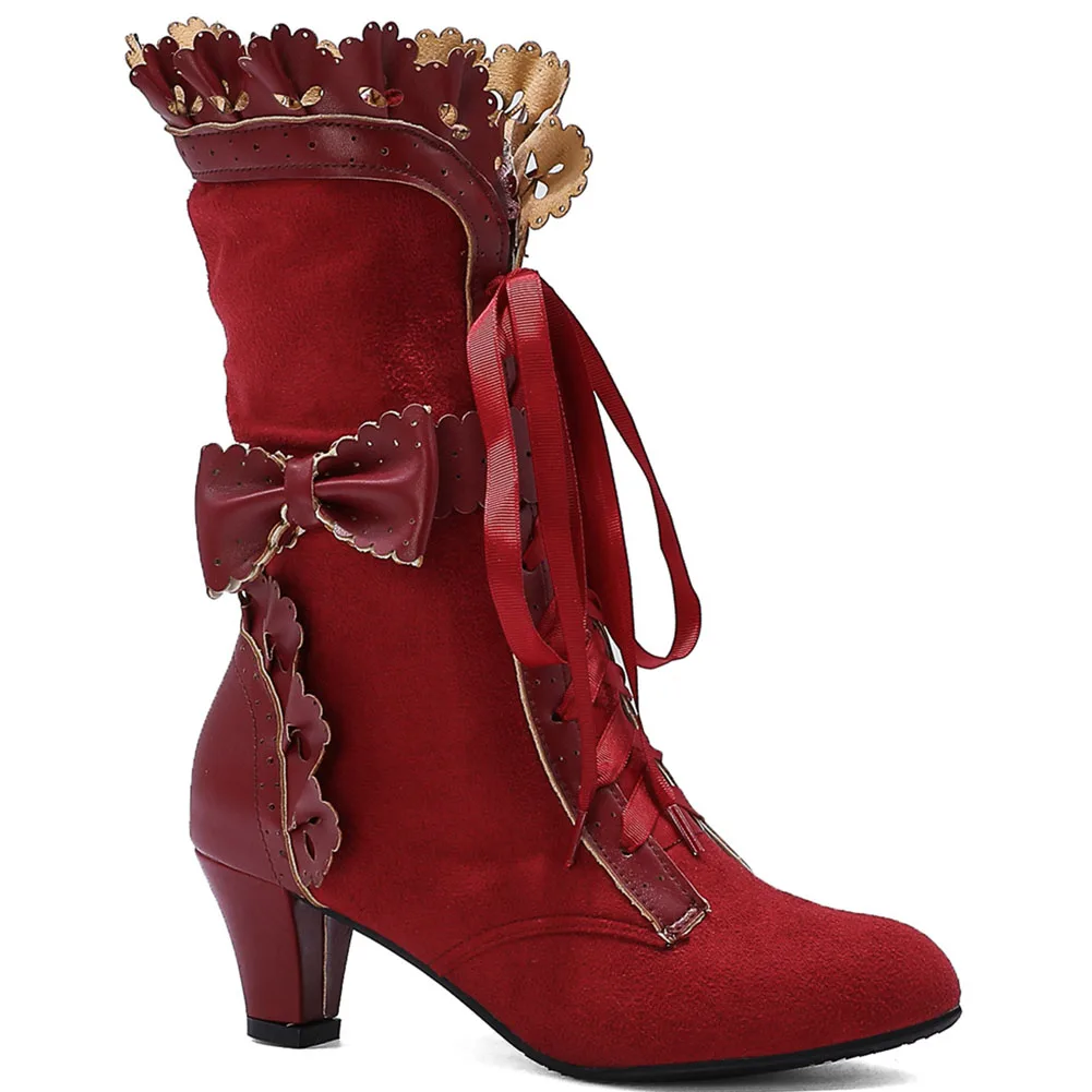 Brand New Big Size 43 Sweet Bowknot Ruffles Med Heels Shoelace Gothic Lolita Style Mid Calf Boots Women Shoes 