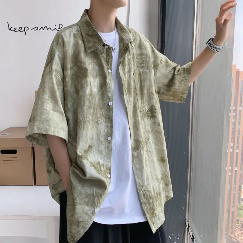 

Summer Tie-dye Shirt Men's Fashion Casual Shirts Mens Streetwear Wild Loose Short-sleeved Shirt Men Korean Dress Shirt M-2XL