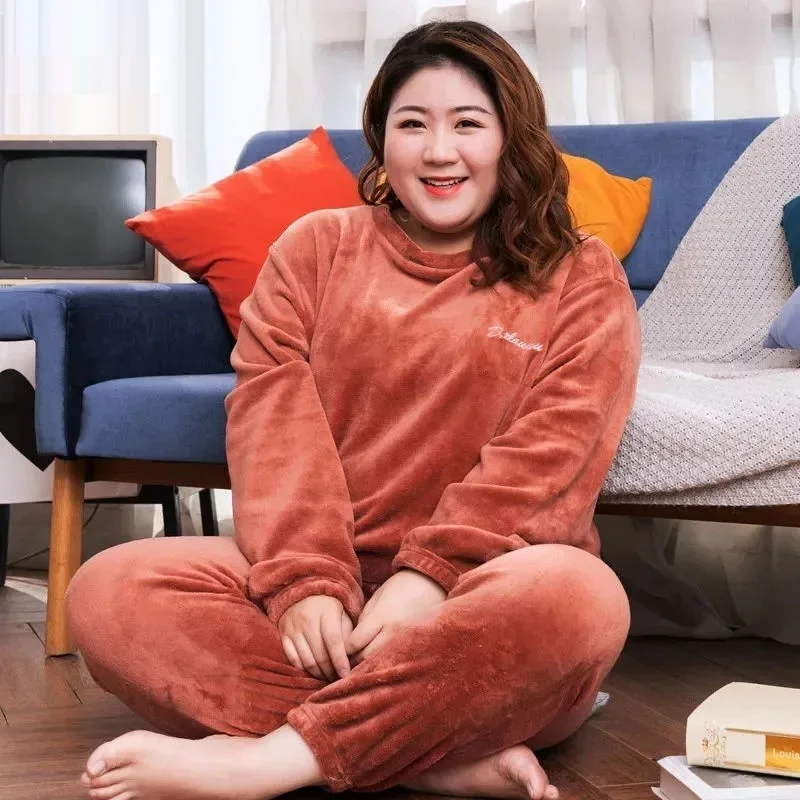 Size 10XL 140kg Winter Warm Coral Fleece Pajamas Sets Long Sleeve Top and Pants Sleepwear Suit Home Women Female Sleepwear pyjamas for women