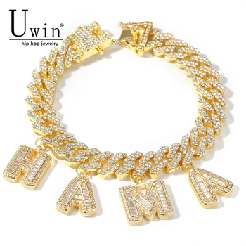 

Uwin Custom S-Link Miami Cuban Link With Baguette Letters Rhinestone 12mm Bracelet Punk Hip Hop Bling Bling Hip Hop Jewelry