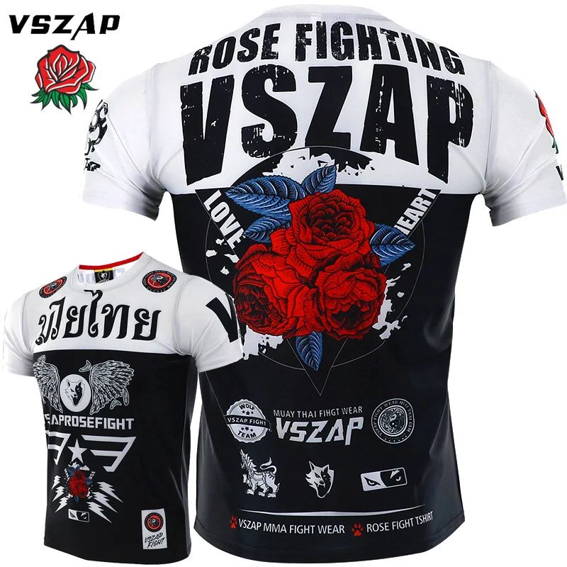 VSZAP роза с короткими рукавами быстросохнущая одежда для мужчин фитнес стрейч-футболка Муай Тай ММА Спортивные Бои драка вещания футболки