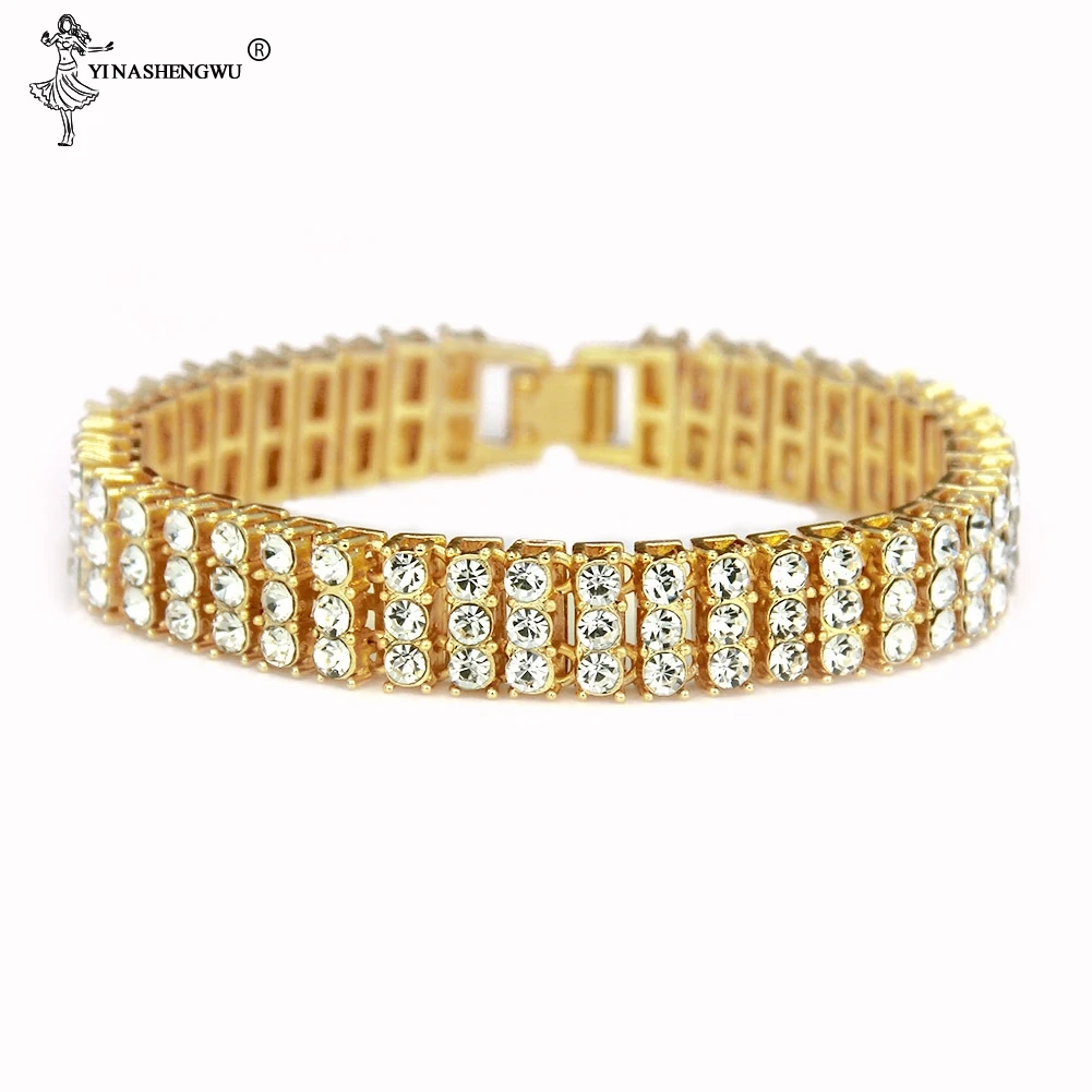 Хип-хоп, 3 ряда, 12 мм, 9 дюймов, золото, серебро, сверкающие ледяные стразы, кубический цирконий, браслет-цепочка, мужской браслет, Pulsera, ювелирное изделие, подарок