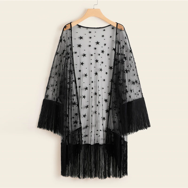 

Plus Size Bohemia Fringe Hem Sheer Star Mesh Kimono 2019 Women Spring Summer Black Boho Sleeve