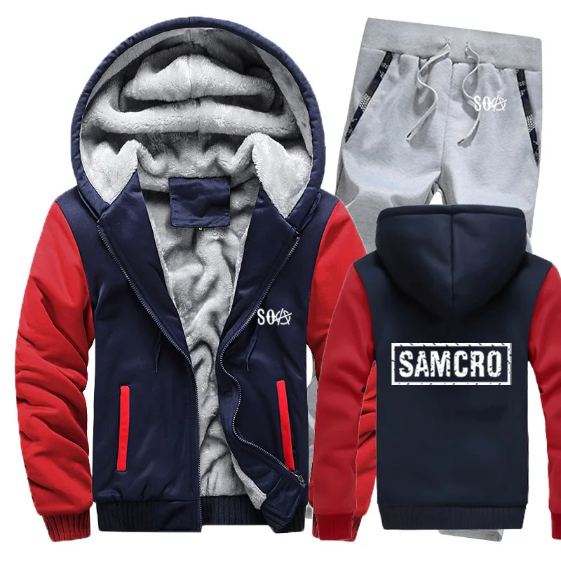 SOA Sons of толстовки анархия мужской костюм зимний флисовый утепленный теплый свитер на молнии мужские толстовки SAMCRO куртка+ штаны комплекты из 2 предметов - Цвет: 802