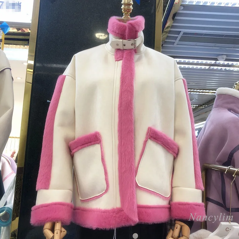 

Suede Leather Jacket for Woman 2020 Winter Autumn Korean Style Loose Faux Mink Fur All-Matching Thickened Short Coat Female ]