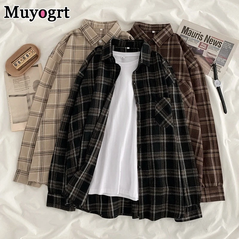 Muyogrt Women Shirt Plaid Oversized Brown Top Turn-down Collar Leisure Fashion Loose All-match Long Sleeves Soft Chic Korean Top