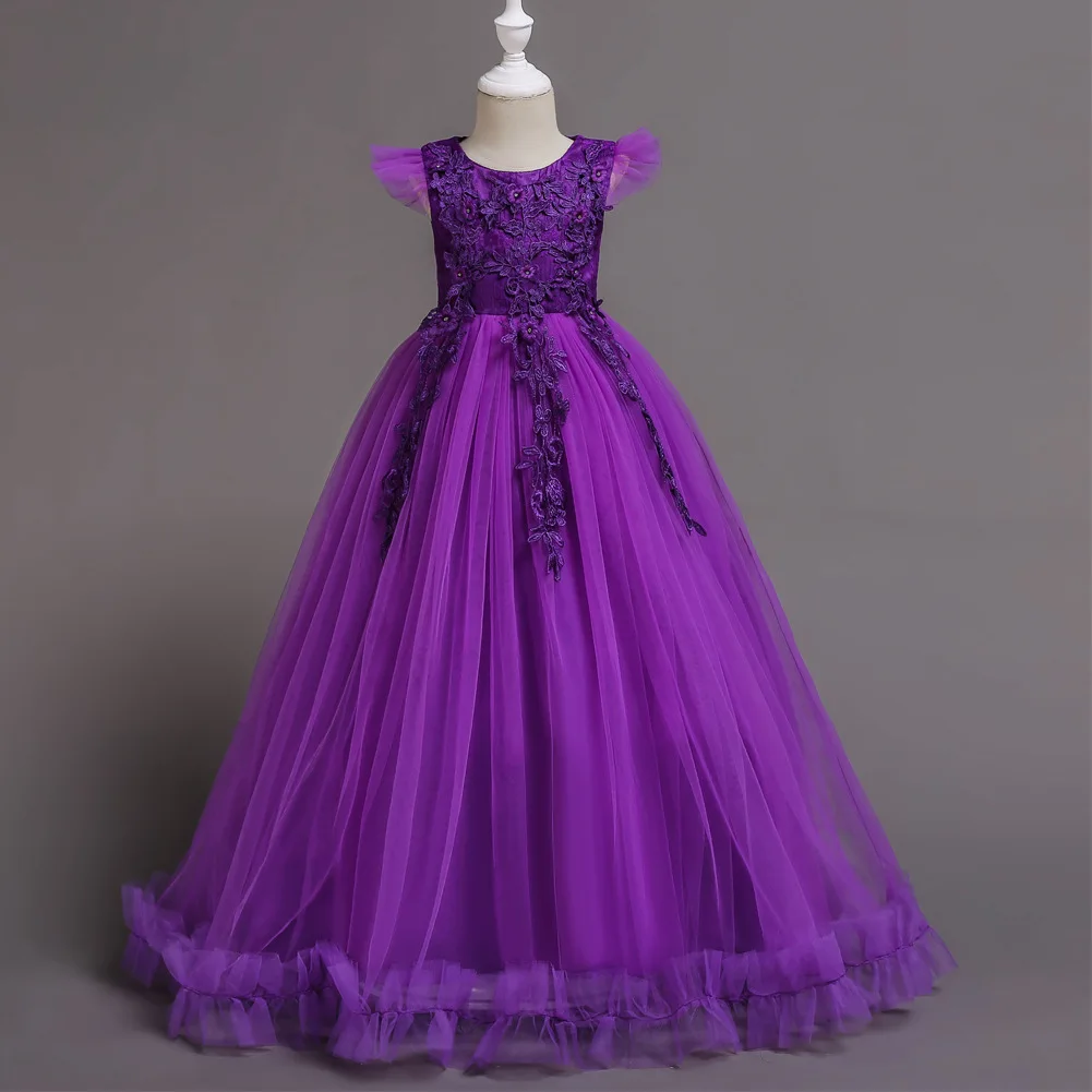 Детские платья для девочек с цветочным узором; нарядные платья для церемоний; Элегантное Длинное Пышное Платье для девочек; желтое платье для выпускного вечера; X089 - Цвет: Фиолетовый