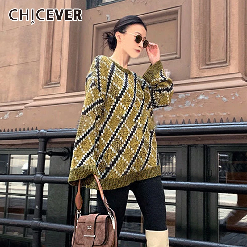 CHICEVER вязаный клетчатый женский свитер с круглым вырезом и длинным рукавом