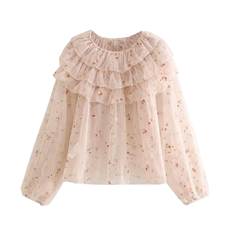 

2019 Autumn Sweet Floral Embroidery Ruffles Tops Women Blouses Long Sleeve See Through Sexy Shirts Blusas Mujer 6 Color