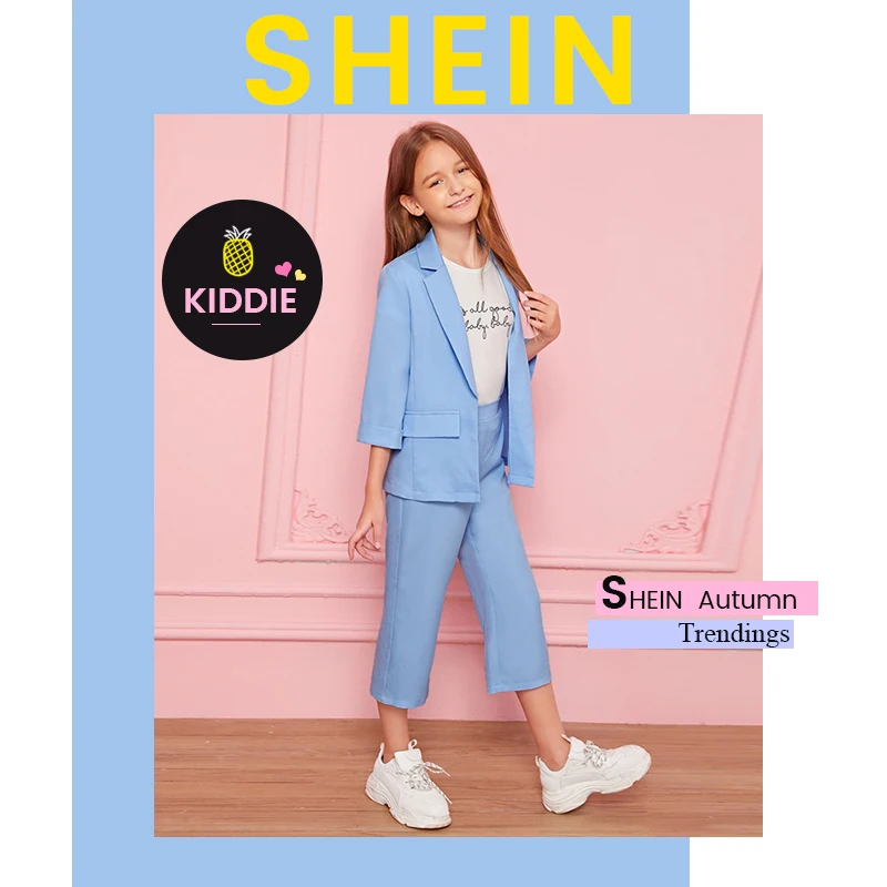 SHEIN/Детский комплект из блейзера и штанов для девочек пастельного синего цвета с воротником-тупым вырезом, Детские комплекты г. Осенняя повседневная одежда с длинными рукавами 3/4