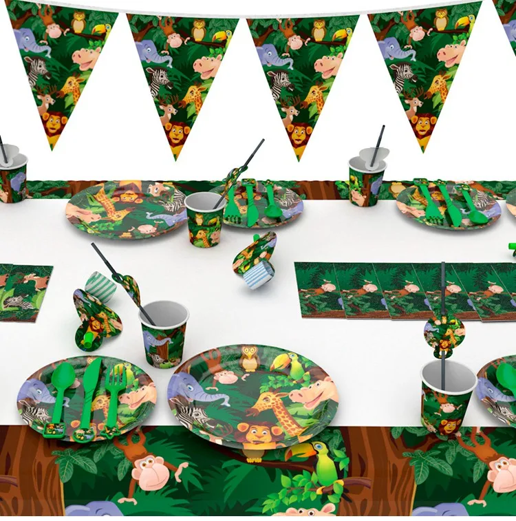 Jungle Animal Party Disposable Tableware Plates Jungle Safari Party Supplies 1st Birthday Party Decoration Kids Baby Shower