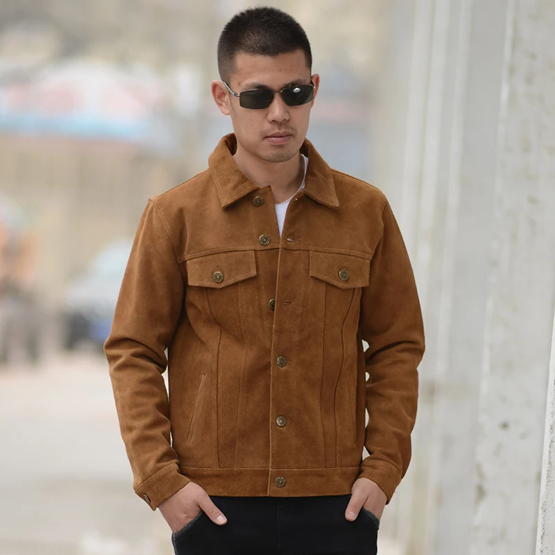 

2020 Brown Men American Casual Style Jacket Plus Size XXXL Genuine Suede Cowhide Autumn Slim Fit Leather Coat