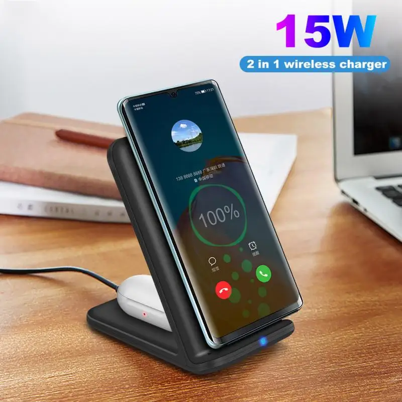 

Type-C 15W 2 In 1 Qi Wireless Charger Stand For IPhone 11 Pro XS XR X Airpods Pro Fast Charging Station For Samsung S20 S10 Buds