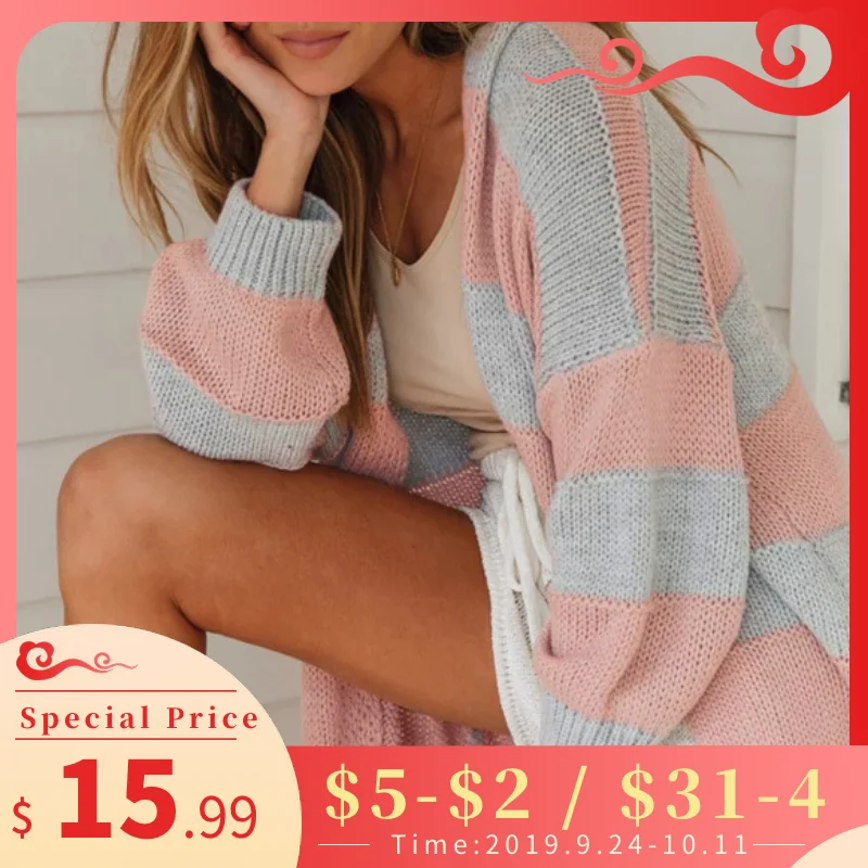 

Fall/Winter 2019 Single-breasted V-neck Long Sleeve Colorful Striped Print Knit Cardigan