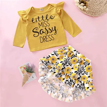

2019 Brand New 0-24M Newborn Baby Girls Autumn Clothes 2PCS Ruffles Letter Long Sleeve Top T-shirt+Floral Skirts Outfits Sets