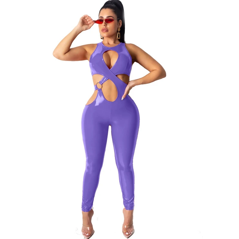 Sexy Hollow Out Jumpsuit Women Overalls Black PU Leather Bodycon Skinny Jumpsuit Zipper Female Romper Night Party Club Jumpsuit