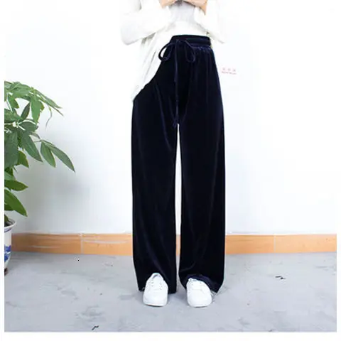 NavyBlue Зимние женские теплые штаны для диких ног, Длинные эластичные бархатные шерстяные штаны для женщин размера плюс, повседневные однотонные свободные штаны на шнурке - Цвет: NavyBlue