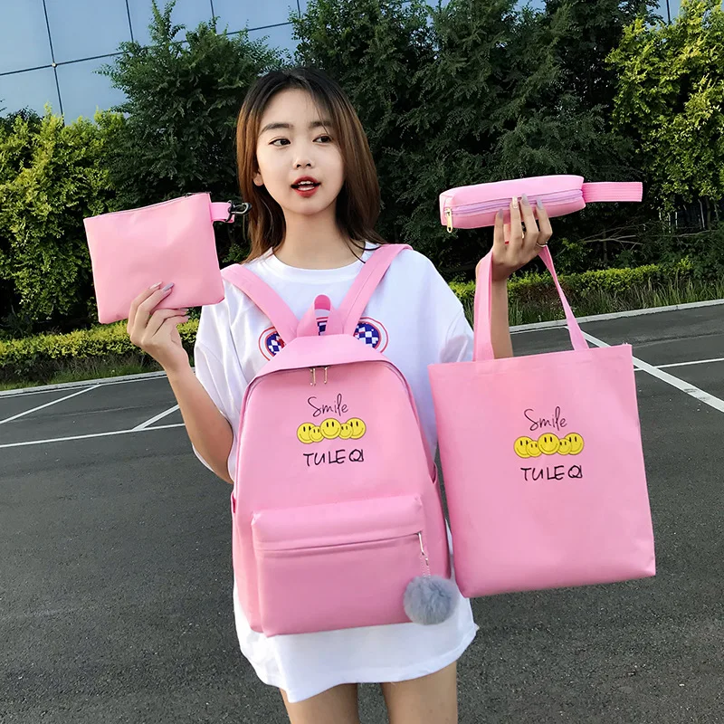 

New Style WOMEN'S Bag Fashion Oxford Cloth Backpack Simple Four-piece Set Different Size Bags Smiley Printed Schoolbag