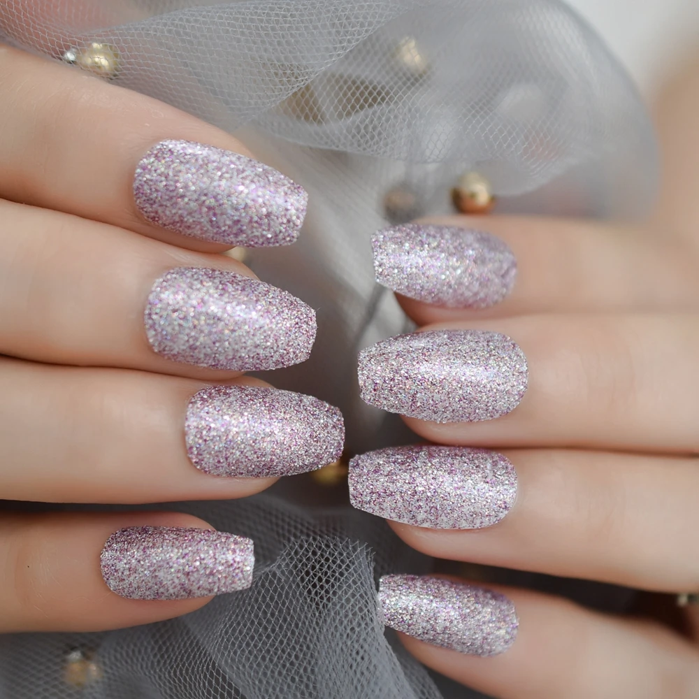 Artificial Nail Coffin Nail Art Kit Purple Glitter Nail Accessories Medium For Women Hot Sale Sparkling Fake Nail 24pcs