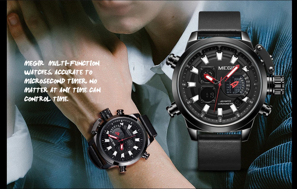 

Men's Sport Quartz Watches Leather Strap Chronograph Luminous Army Wristwatch 2019 New Top Brand Clock Relogios 2090 Black