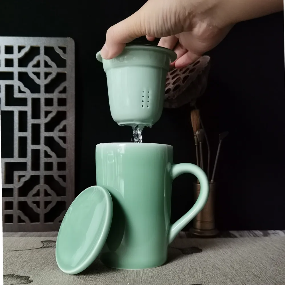 

Coffee Mug Cup with Lid and Infuser Filter 13.5oz Teacup Ceramic Drinkware Porcelain Tableware Microwave and Dishwasher Safe