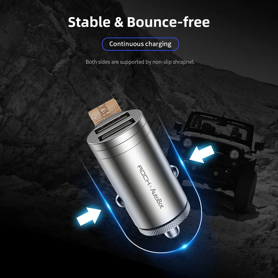 Автомобильное зарядное устройство ROCK 24 Вт Mini 2 USB для iPhone Xiaomi с двумя портами, автомобильное зарядное устройство USB 2.4A, быстрая зарядка для мобильных телефонов