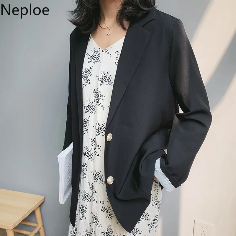 Neploe, однотонный блейзер в винтажном стиле для офиса, для женщин, однотонный однобортный пиджак, свободное осеннее длинное пальто средней длины, 45894