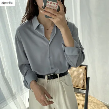 

Moo-Ru 2020 Early Spring New Korean Version Long Sleeve Regular Solid Color Satin Lapel Shirt for Women 518