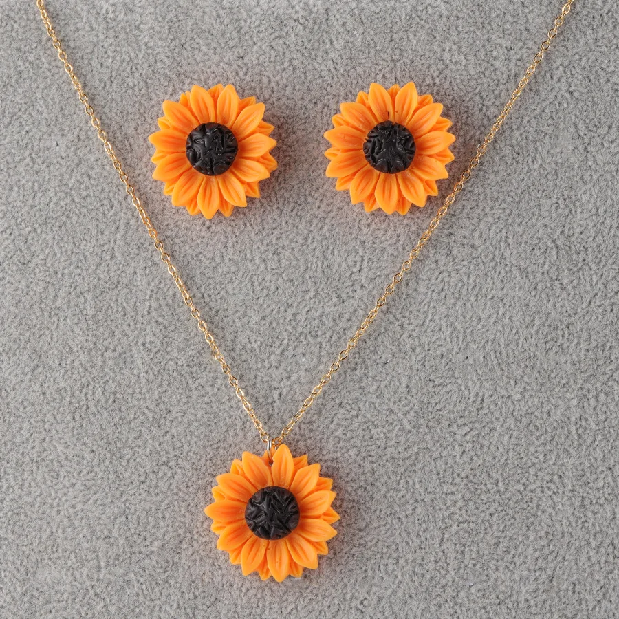 Sunflower Ear Stud Necklace Set Sunflower Necklace Ear Stud