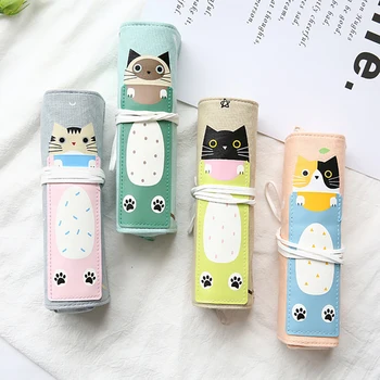 

Cute Cat Pencil Case Rolling Curtain Dual Purpose Multi-function Pen Bag Canvas Pen Bag for Students Personality Stationery