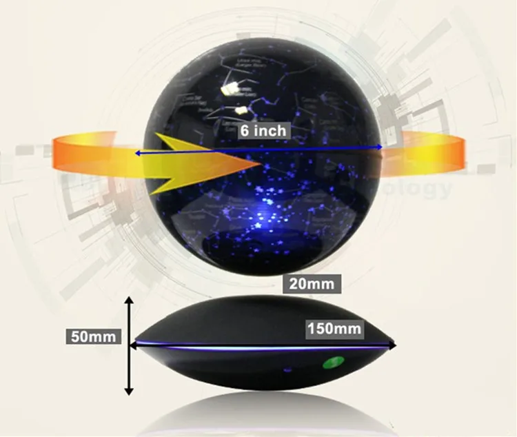 6 дюймов, магнитный, парящий в воздухе, светящийся Глобус, Красочные звездное небо шар светильник Защита от отключения питания с высокой адсорбцией, 360 с автоматическим вращением