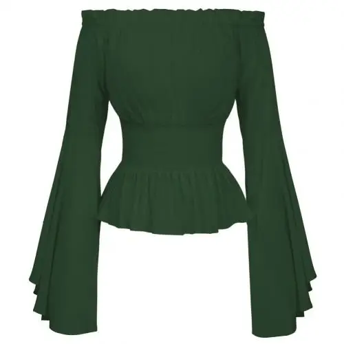 Green L XL Для женщин Средневековый Ренессанс сплошной цвет колокол Рукав Раффлед с открытыми плечами блузка для Хэллоуина kawaii - Цвет: Green L XL