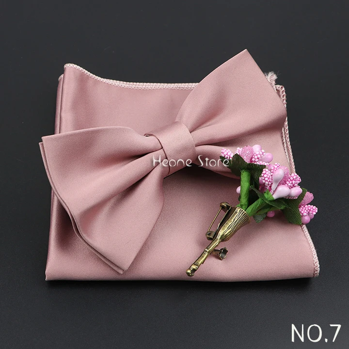 Mens Wedding Bow Tie Brooch Set Romantic Solid Color Silk Polyester Jacquard Woven Bowtie Lapel Pin Hanky Men Gifts Accessories