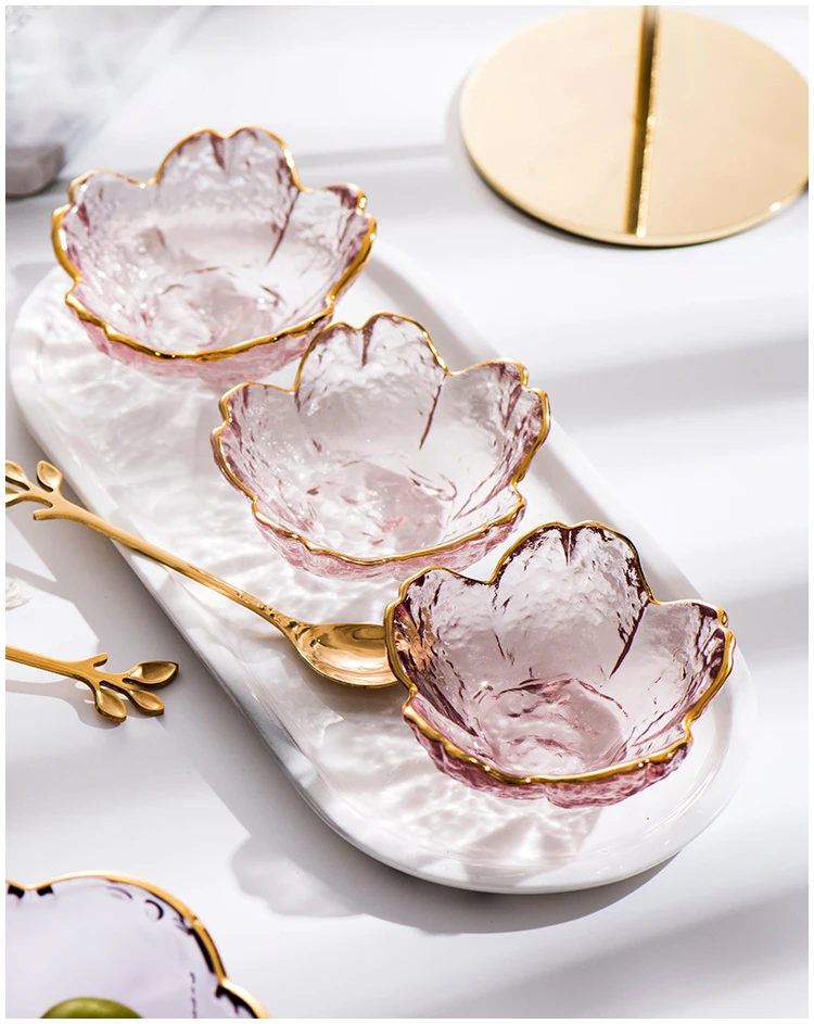 Seasoning-Plate Glass-Dish Sauce-Bowl Inlay-Glass Ice-Cream Fruit Cherry Blossoms Small