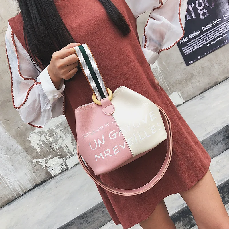 

2018 Korean-style Autumn And Winter New Style Two-Piece Set Contrast Color Lettered Hand Bucket Bag Versatile Shoulder Different