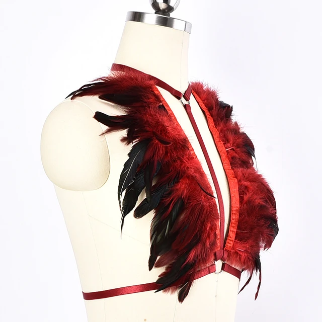 Chaleco de plumas, arnés de cuero con cuello de plumas, disfraz de