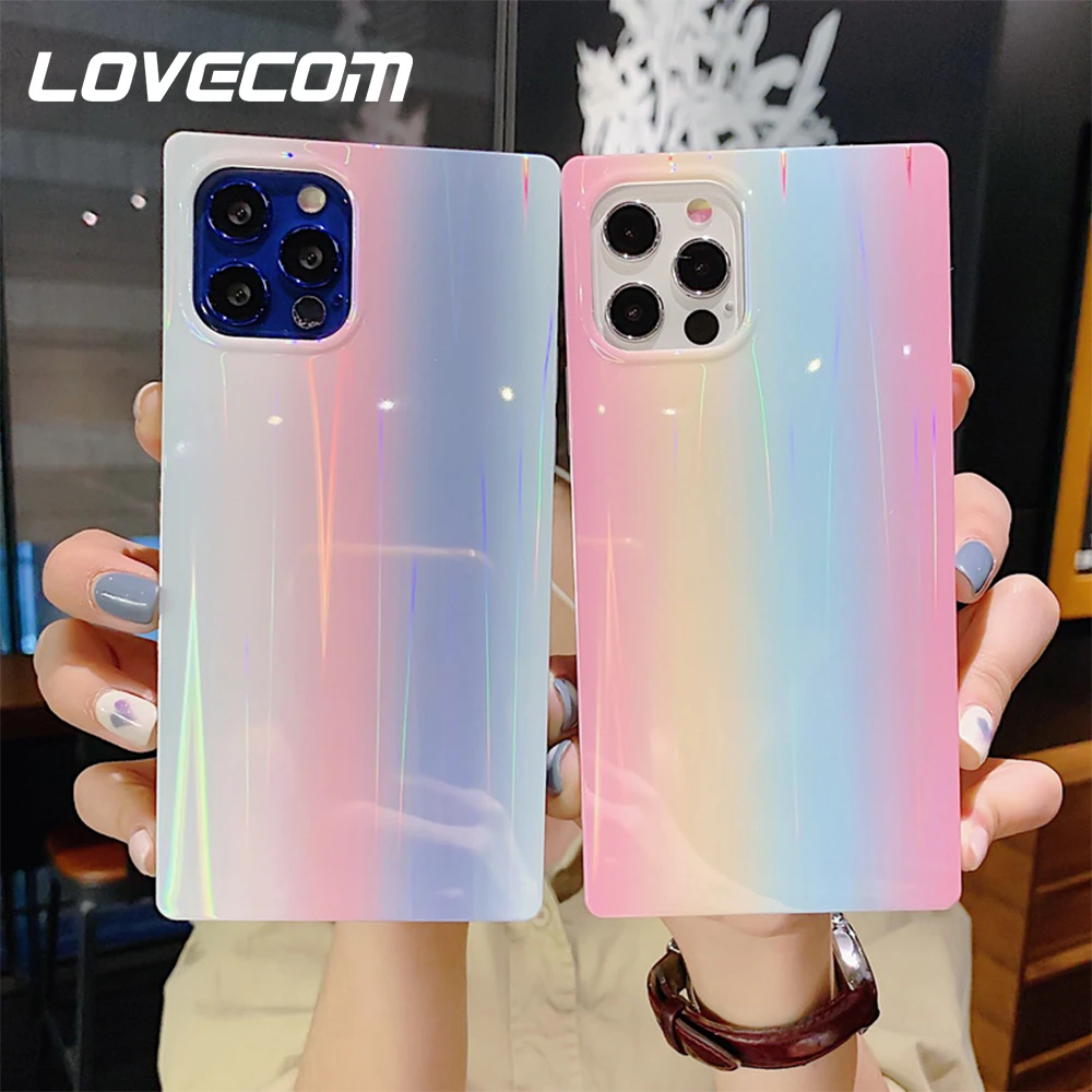 For Iphone 12 Pro Max Cases Gradient Laser Rainbow Square Phone Case For Iphone 12 Mini 11 Pro Max 12 Pro Soft Imd Bumper Cover Phone Case Covers Aliexpress