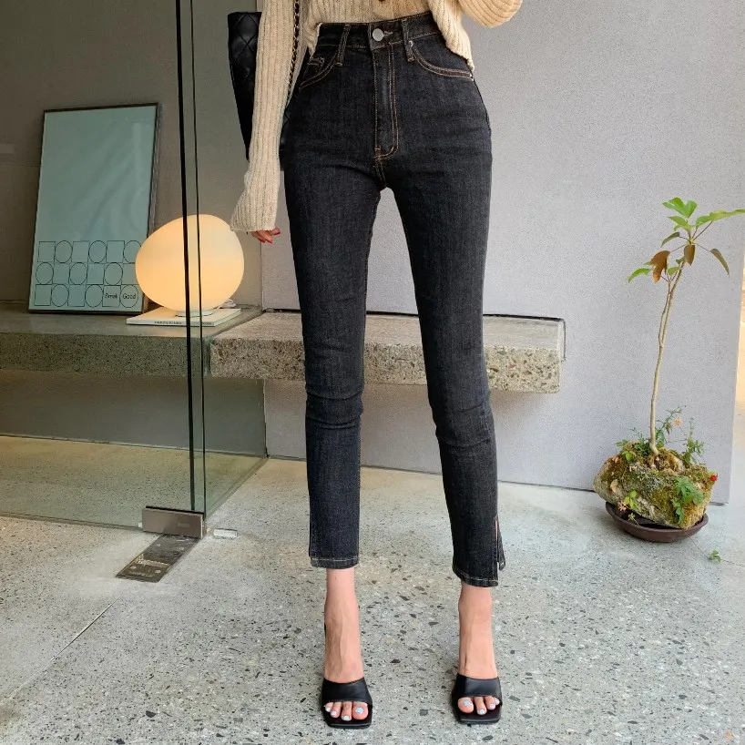 

2020 Korean version of the new trouser leg split basic high elastic high waist slim slimming nine-point jeans