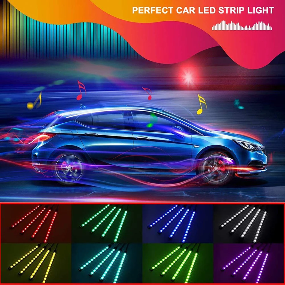 4 шт., автомобильные RGB светодиодные полосы, цветные декоративные атмосферные лампы, лампа для ног, автомобильный Стайлинг, декоративный светильник для салона автомобиля с пультом дистанционного управления 12 В