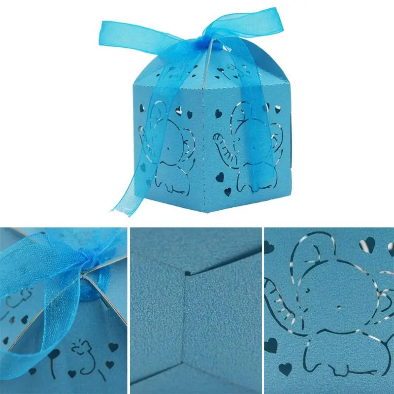 

50pcs Hollow Out Elephant Pattern Candy Gift Boxes Bags Elephant Baby Shower Decorations Wedding Favors (Blue)