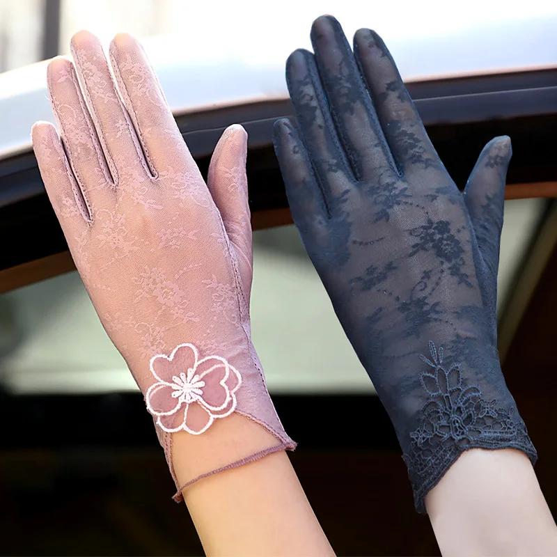 yanni Women Summer UV Protection Lace Gloves Ice Silk Cooling Touch Screen Non-Slip Sunscreen Wedding Party Driving Thin Short Mittens 