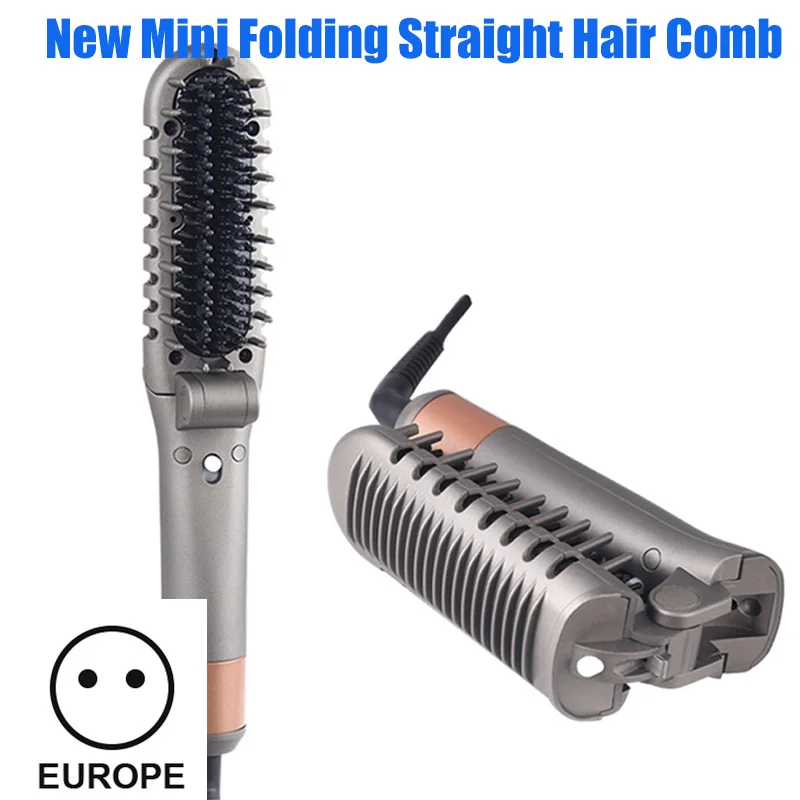 eu plug Мини складной электрический прямой гребень для волос выпрямитель прямые волосы артефакт борода гребень многофункциональная завивка волос гребень - Цвет: eu plug