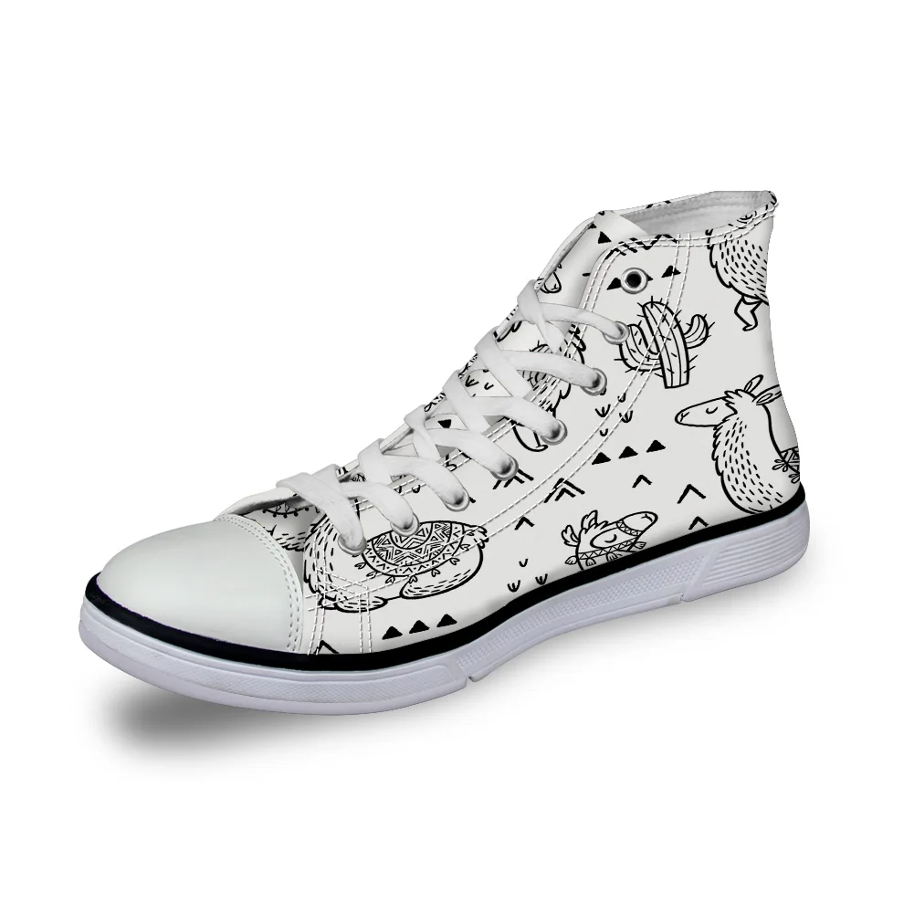 

WHEREISART Women Canvas Shoes Cartoon Alpaca And Cactus High Top Flats Unisex Vulcanized Shoes Female Casual Shoes